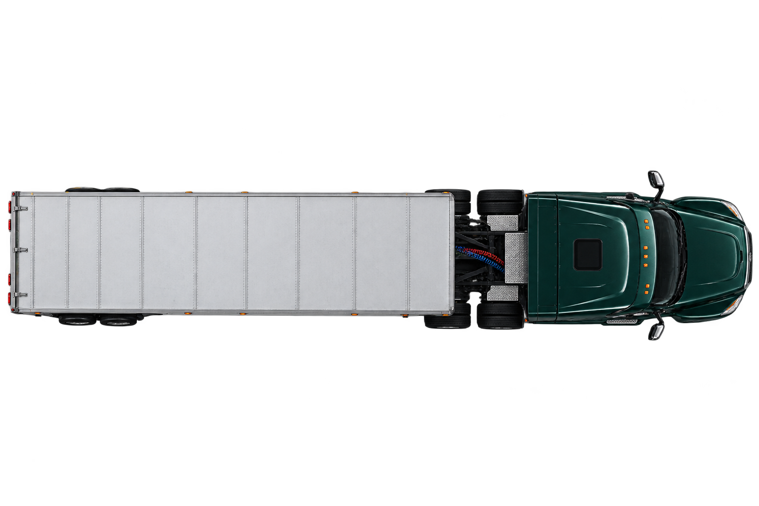 Top-down view of a complete semi truck and trailer